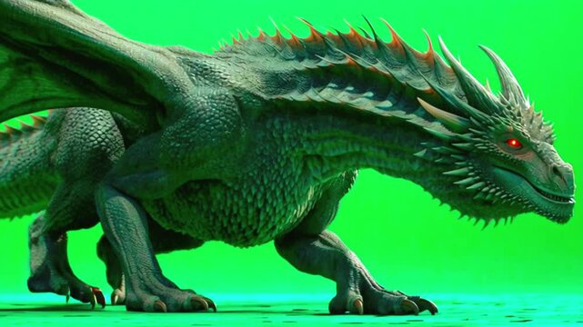 Gray dragon walking on green screen background, chroma key