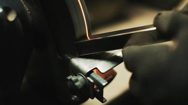Closeup grinding wheel polishing metal edge, sparks and glow highlight skilled operator adjusting angle for fine finish in dim