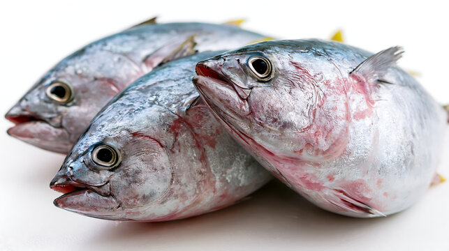 whole fresh raw bluefin tuna fish with green garnish on white background representing premium quality seafood market and sushi ingredient