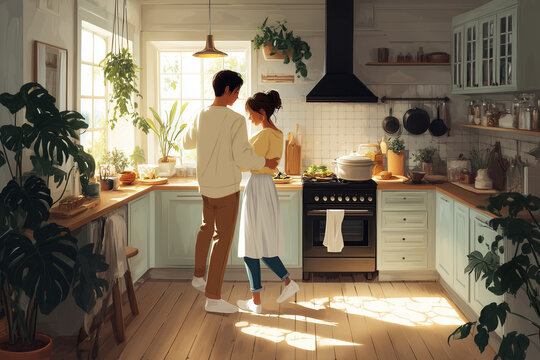  A couple cooking dinner together while dancing in the kitchen.
