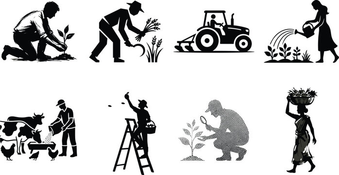 Agriculture and farming vector silhouette icon set featuring farmers harvesting crops driving a tractor and feeding livestock