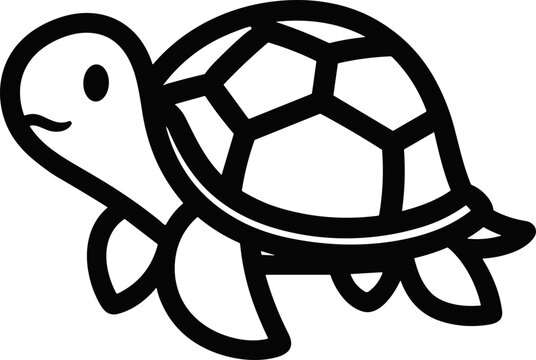 Cute cartoon turtle illustration, simple line art drawing, black and white, white background.