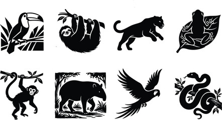 Rainforest and tropical jungle animals black silhouette vector set featuring toucan sloth jaguar tree frog monkey tapir macaw and snake © ARNAB