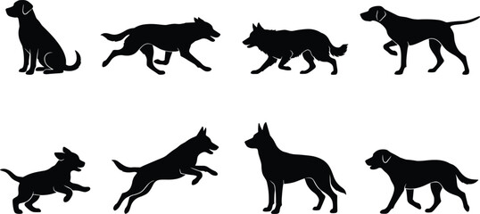 Obraz premium Dog breeds vector silhouette icon set featuring labrador german shepherd and retriever running jumping sitting and walking