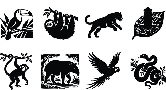 Rainforest and tropical jungle animals black silhouette vector set featuring toucan sloth jaguar tree frog monkey tapir macaw and snake