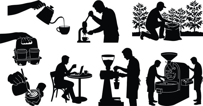 Coffee production and barista vector silhouette icon set featuring harvesting roasting grinding brewing latte art and cafe customer