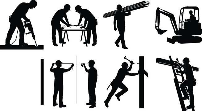 Construction worker vector silhouette icon set featuring builders using jackhammer measuring laser level hammering and operating mini excavator machinery