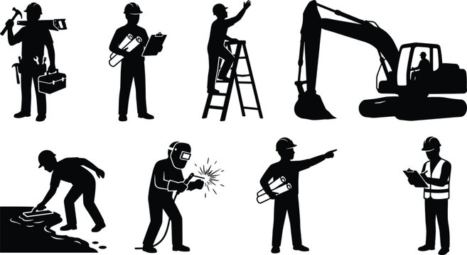 Construction workers and engineers vector silhouette icon set featuring builder carpenter welder architect inspector and excavator heavy machinery