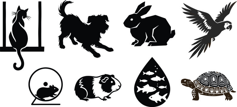 Domestic pets vector silhouette icon set featuring cat dog rabbit parrot hamster guinea pig fish and turtle