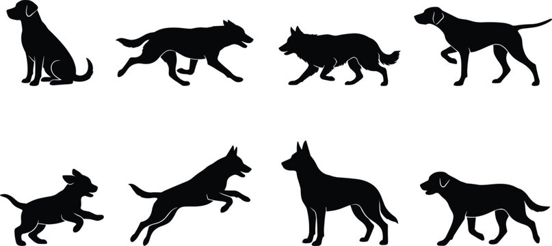 Dog breeds vector silhouette icon set featuring labrador german shepherd and retriever running jumping sitting and walking