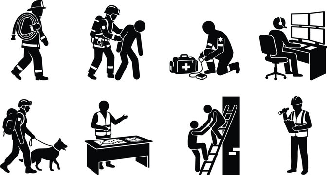 Emergency rescue and first responders vector silhouette icon set featuring firefighter paramedic dispatcher rescue dog handler and tactical team operation