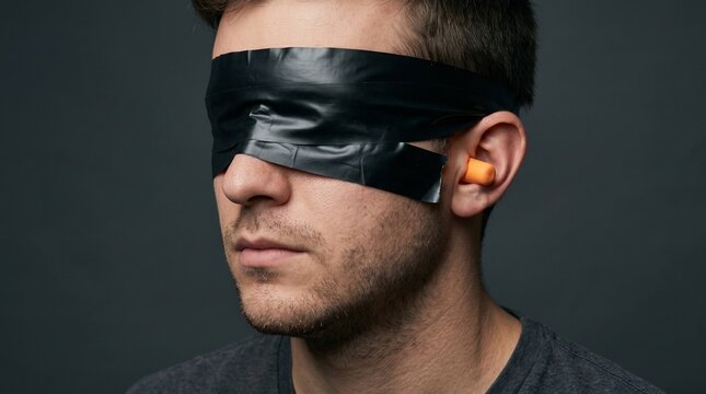 Retrato conceptual de joven con ojos vendados y tapones auditivos