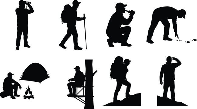 Hunting and tracking vector silhouette icon set featuring hunter scouting with binoculars tracking animal prints using duck call tree stand and camping