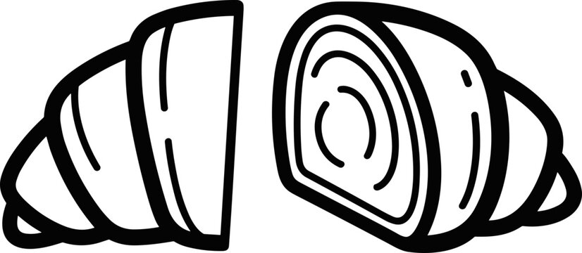 Croissant halves, simple line drawing, breakfast pastry, bakery icon, isolated on white