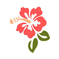 Vector Flat Illustration of Tropical Hibiscus Flower with Green Leaves Isolated on Transparent Background © MindfulSolutionsArt