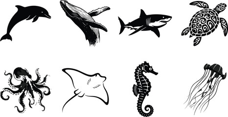 Sea life and marine animals vector silhouette icon set featuring dolphin humpback whale shark sea turtle octopus manta ray seahorse and jellyfish © SONET