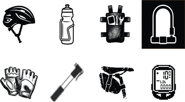Vector silhouette icons set of essential bicycle accessories and cycling equipment including helmet, water bottle, lock, tools, and digital speedometer