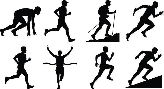 Running and track sports vector silhouette icon set featuring starting blocks jogging trail hiking relay race marathon finish line and uphill sprint