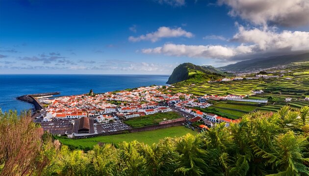 beautiful horta city on faial island of azores surrounded by the beautiful ocean and hills