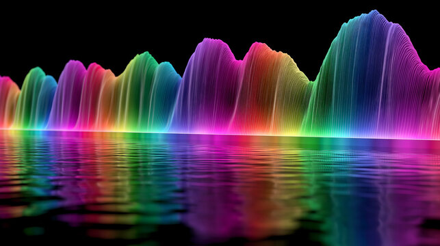 dynamic rainbow colored audio equalizer frequency bars reflected on dark surface representing digital music sound wave energy and entertainment concept