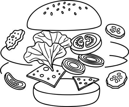 Exploded Burger Drawing: Bun, Patty, Cheese, Lettuce, Tomato, Onion, Cucumber