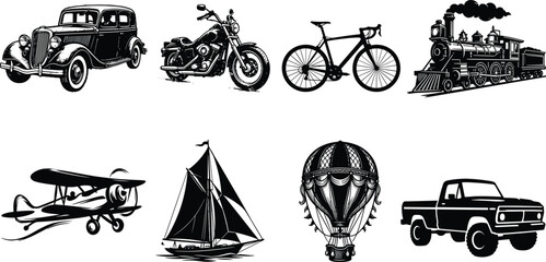 Vintage transportation silhouettes and vector illustrations set featuring classic car, motorcycle, bicycle, steam train, biplane, sailboat, hot air balloon, and pickup truck. © ARNAB