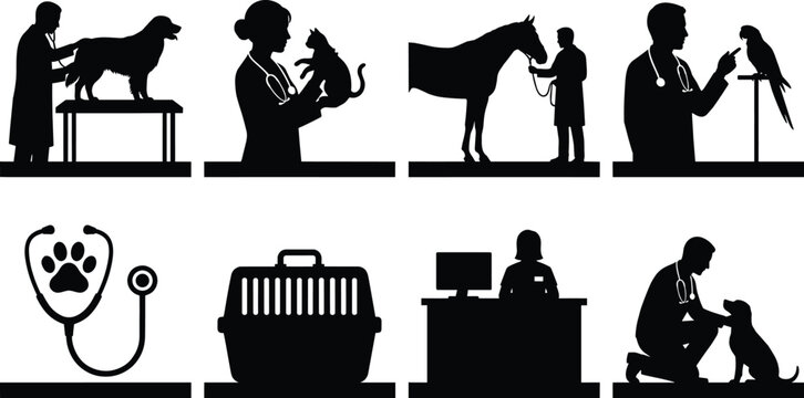Veterinary care vector silhouettes set featuring veterinarians examining dog, cat, horse, parrot, plus stethoscope, pet carrier, and clinic reception icons