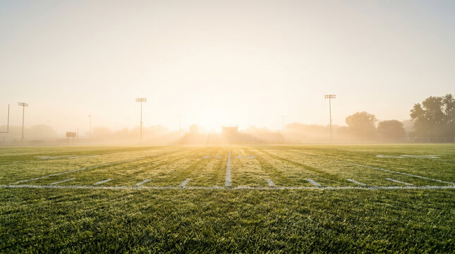 A scenic view of an empty American football field at sunrise with golden sun rays piercing through heavy morning fog over dew-covered green grass and white yard lines in a stadium setting