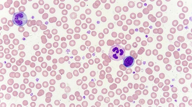 Blood smear slide under a microscope for hematology diagnostic concept