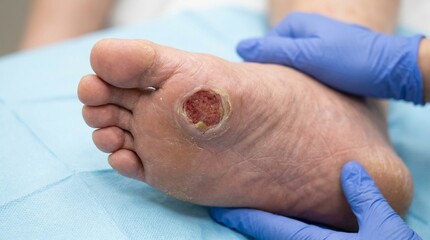 Fototapeta premium Close-up of a diabetic foot ulcer for wound care and diabetes complication documentation
