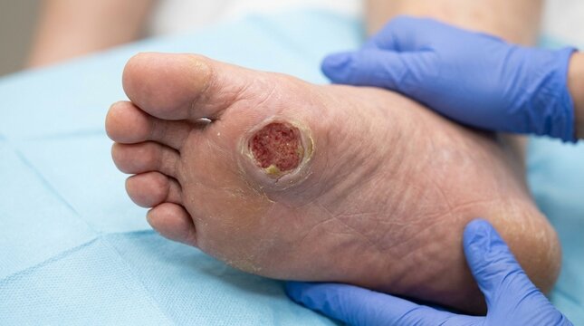Close-up of a diabetic foot ulcer for wound care and diabetes complication documentation