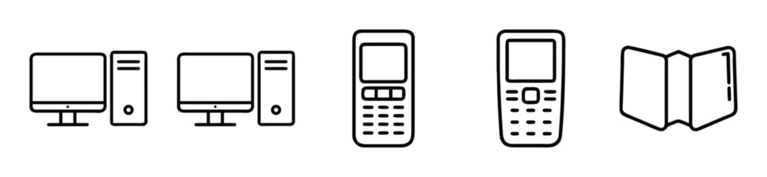 Set of outline icons representing computer desktop, mobile phone, and folded map transparent background