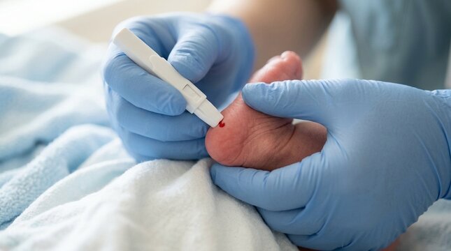 Infant's heel being pricked with a lancet for newborn blood screening test