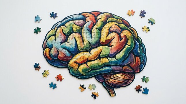 Jigsaw puzzle pieces arranged in a brain shape for cognitive health and memory concept