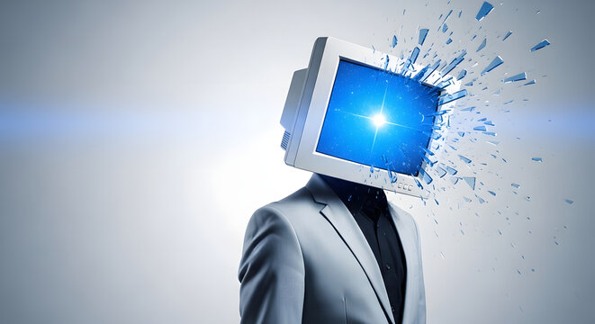 Business professional with old monitor head exploding into shards