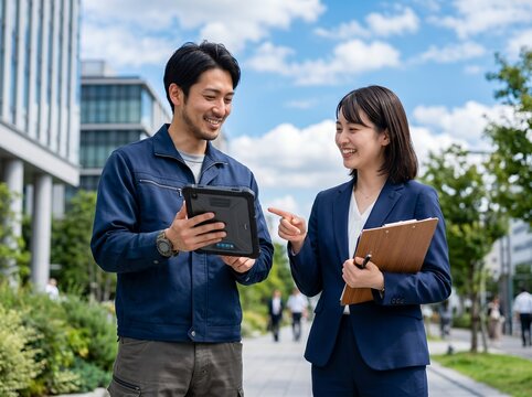 笑顔の人作業員とビジネスウーマンが屋外でタブレット活用