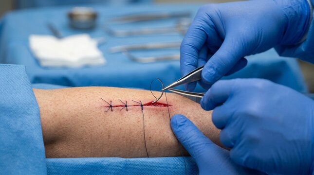 Medical hands performing a suture on skin in a sterile field for surgery concept