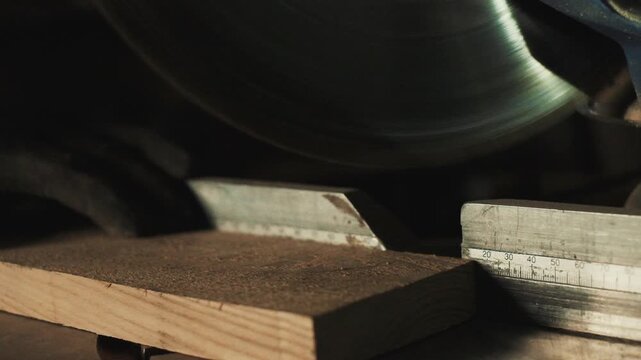 Closeup circular saw cutting wood plank, carpenter workbench scene with spinning blade, fine dust, kerf visible and measured setup