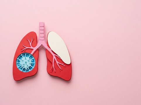 Anatomical representation of human respiratory system components showcasing detailed bronchioles within a lung silhouette illuminated by a soft, rosy light against a gentle, pastel canvas