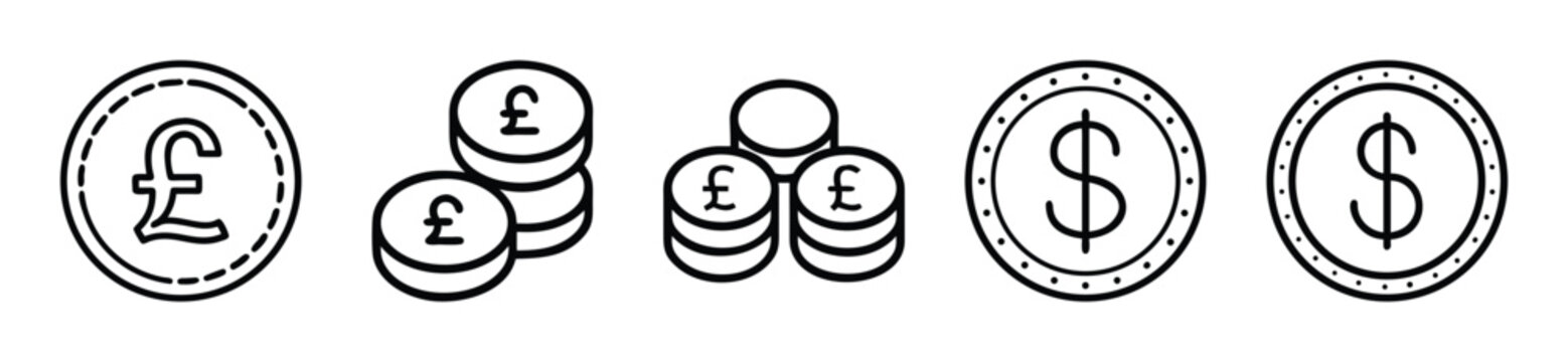 Set of pound and dollar coin icons, currency symbols, vector illustration isolated on white background transparent background
