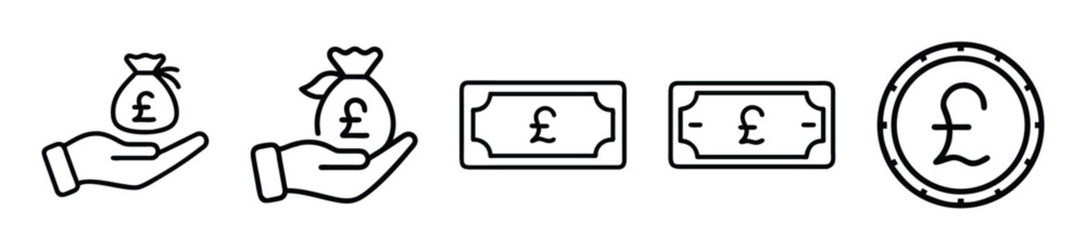 Set of british pound sterling currency icons, money bag, banknote and coin symbols, vector illustration transparent background