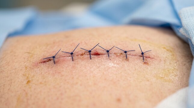 Close-up of a surgical incision site with post-operative stitches for recovery documentation