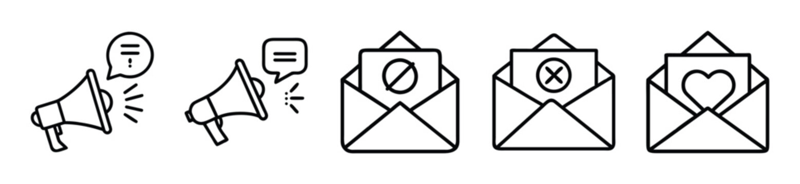 Set of megaphone and email notification line icons, including announcement, blocked, deleted and love message transparent background