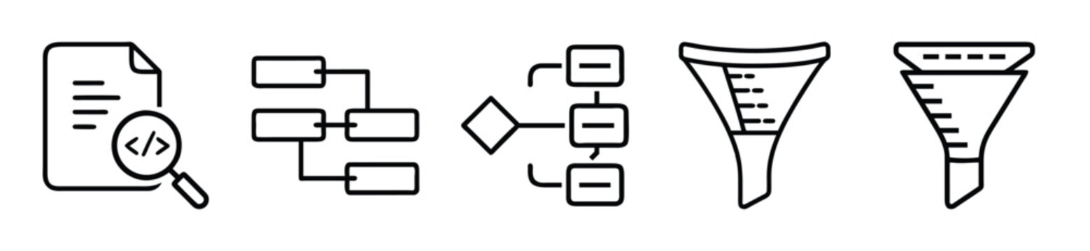 Set of thin line icons for data analysis, software development, and filtering processes transparent background