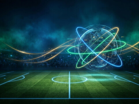 Futuristic soccer field featuring a digital wireframe globe with glowing orbital rings and neon field lines, representing global sports technology and international football competition