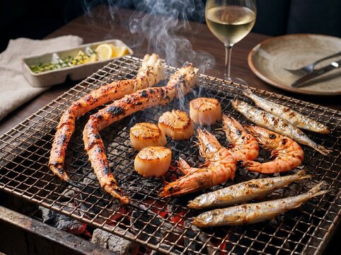 熱い炭火で香ばしく焼かれた海鮮豪華ディナーとワインの食卓