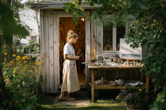  A woman tying her apron before painting in a backyard studio.
