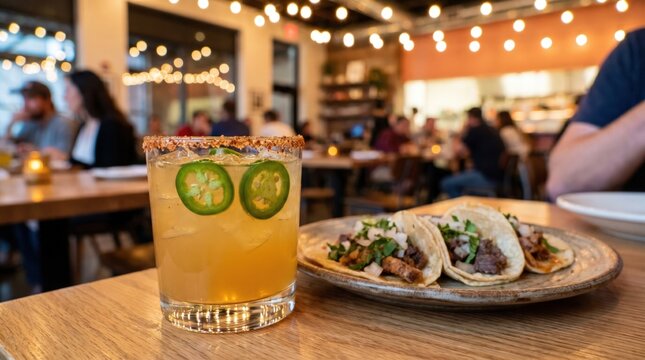Colorful cocktail with jalapeno slices beside a plate of three tacos filled with beef and topped with cilantro, set in a lively restaurant atmosphere