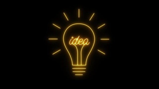 Animated Cyan Neon Light Bulb Brain Idea Concept On Black Background. Glowing Cyan neon light bulb icon animated on a black background.4k video.
