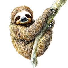 Maned Sloth, watercolor clipart showcasing whimsical details and harmonious color flow, isolated on a white background. © trovexa